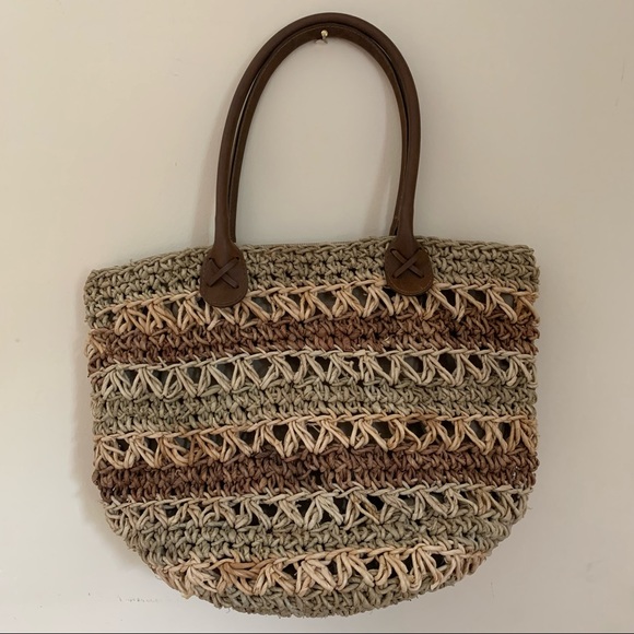 Vintage Handbags - Vintage Striped Straw Hobo Bucket Tote Bag